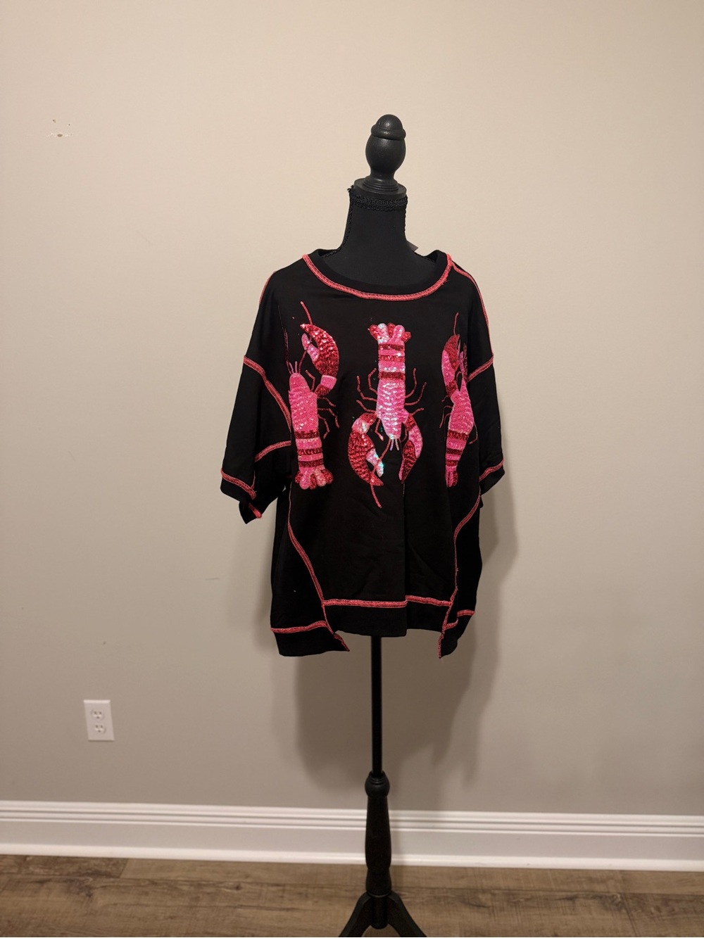 Black Women's Short Sleeve Top with Pink Sequin Crawfish Motif